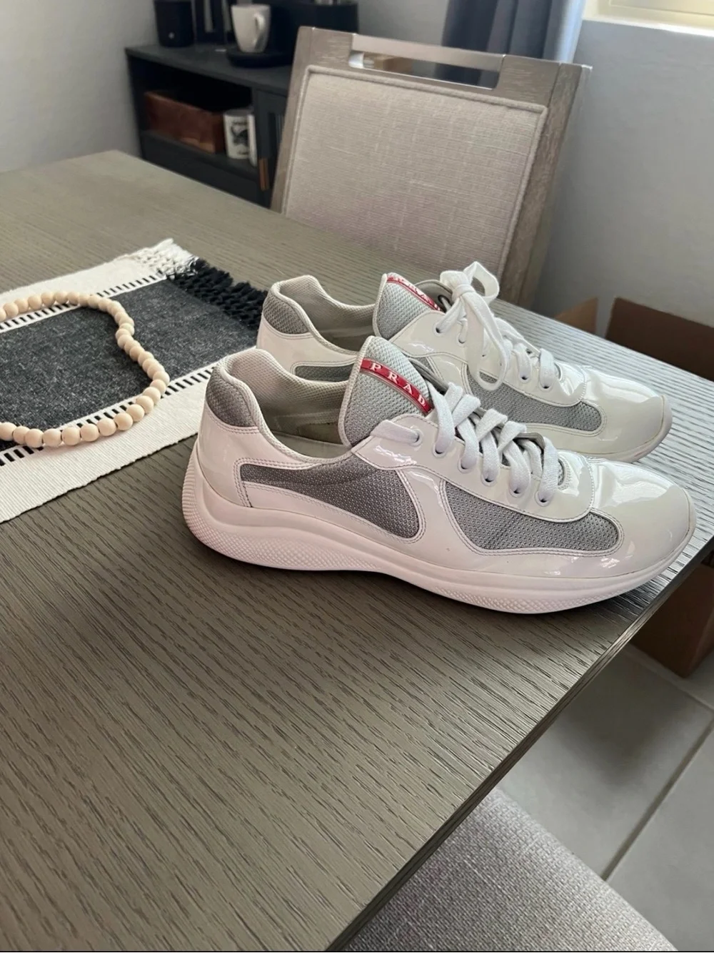 Prada White & Gray Men’s Low-Top Sneakers with Red Logo Tab